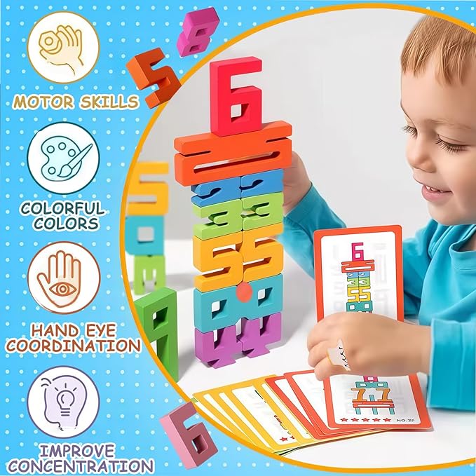 Wooden Number Building Blocks, 1-10 Digital Building Blocks for Kids 3+, Math Learning Tools Digital Blocks Toys, Stacking Blocks Balance Game Toy, Educational Toy Gift for Boys Girls