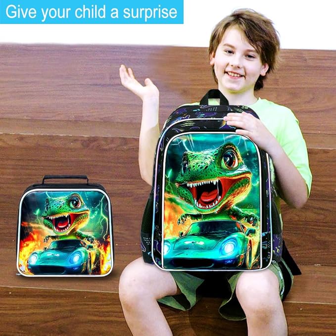 16" Dinosaur Backpack for Boy, 3Pcs Cars Bookbag with Lunch Box, Kids School Backpacks for Elementary Preschool Kindergarten (Black)