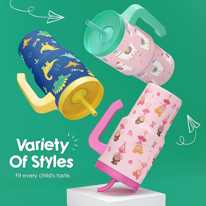 Dinosaur Tumbler 20oz with Handle and Silicone Straw Lid for Kid, Insulated Stainless Steel Cup, Gift for Kids Boys, Gifts Idea for Birthday Christmas Back to School