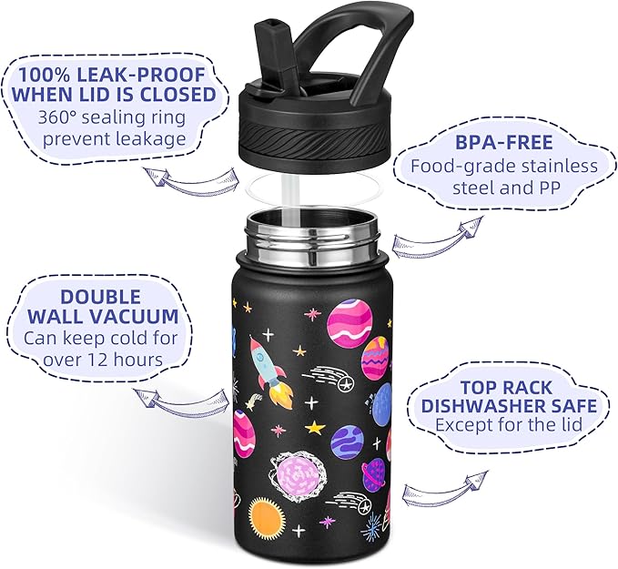 Fanhaw 14 Oz Kids Insulated Water Bottle with Straw - Stainless Steel Double Wall Vacuum Cup, Leakproof, BPA Free, Suitable for Boys and Girls(Black - Solar System)