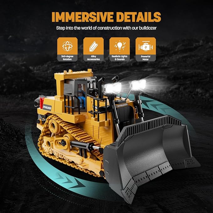 9-Channel Metal RC Bulldozer - Realistic Remote Control Kids Construction Play Toys with Lights and Sound, Track Type Tractor Toys for 3+ Boys Grandkids, Perfect 2025 Kids Birthday Gift for Ages 3-12+