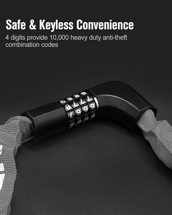 NDakter Upgrade Bike Chain Lock with 4 Digit Combination and 2 Keys, 3.2/4.28 Ft Heavy Duty Anti-Theft Bicycle Lock, 2 Ways to Unlock High Security Scooter Locks for Ebike, Escooter, Door