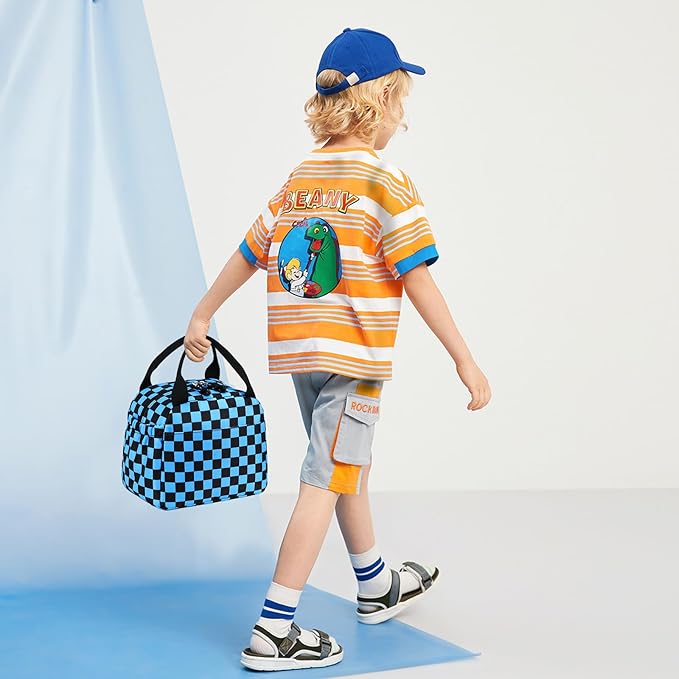 Lunch Box Kids Insulated Lunch Bag Large Reusable Leakproof Cooler Lunch Bags for Boys Girls School Travel Picnic (Blue Check)