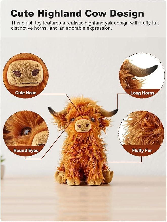 Highland Cow Fluffy Stuffed Animal, 10" Adorable Realistic Plush Toy Soft Cute Cow Plushie Home Decor Gift for Boys Girls Kids Teens Adults, Brown