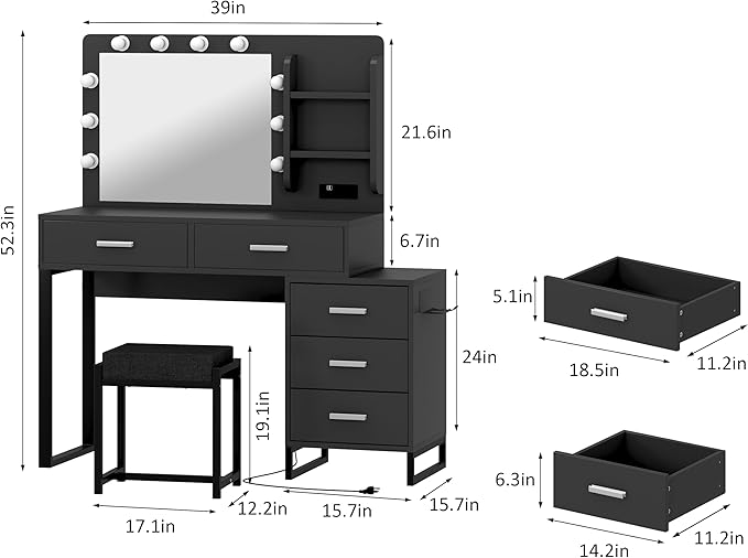 Makeup Vanity Desk with Power Outlet,Mirror and Lights,Makeup Vanity Table with 5 Storage Drawers and Chair Set,3 Color Modes Available