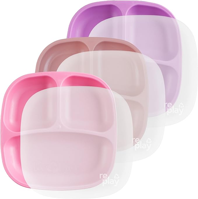 Re-Play Toddler Plates with Dividers - Deep-Walled 3 Compartments Divided Plates for Kids with 3 Lids - Dishwasher & Microwave Safe - Made in USA - Set of 3-7.37" x 7.37" x 1.25" - Berry