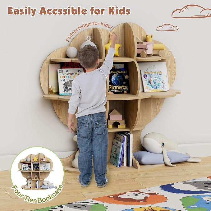 Natural Wood Tree Kids Bookshelf Toddler Bookcase 4-Tier Baby Book Rack Children Toy Storage Organizer Forest Wood Display Shelf Nursery Playroom Bedroom Classroom School Homeschooling Boy Girl’s Gift