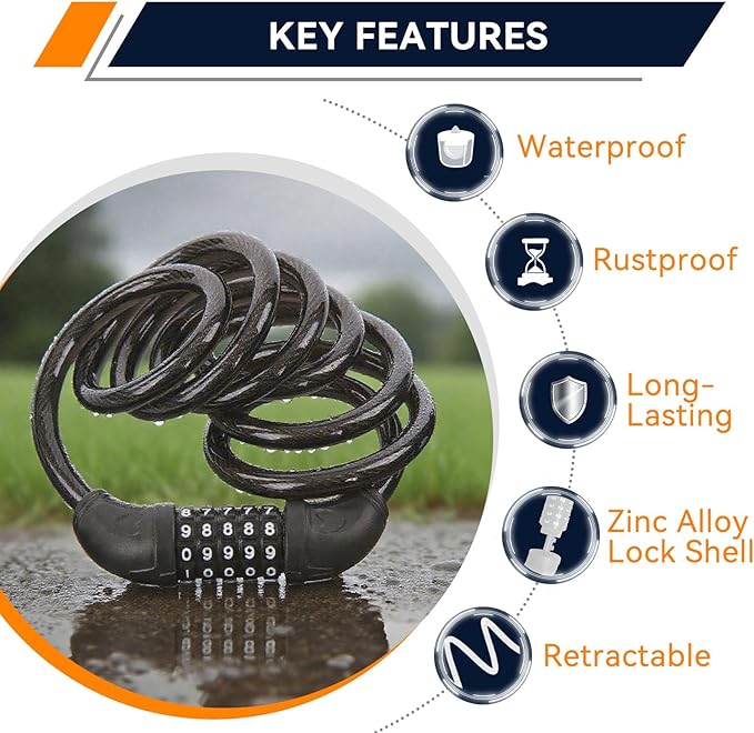 SEPOX® 4Pcs Pack 6FT Extra Long Cable Combination Bike Locks, 5 Digits Retractable Security Lock, 12mm Heavy Duty Anti Theft Anti Rust Cable for Bicycle, Scooter, Gate, Outdoor Equipment, Weatherproof