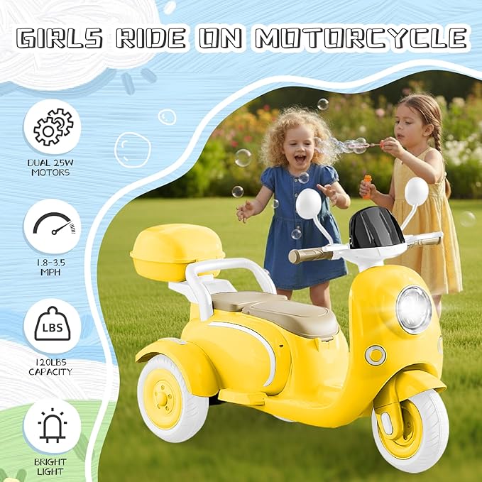 HEIMILI 12V Kids Electric Motorcycle,Electric Scooter for 3 Year Old, Girls Toy, 3-Wheel Ride On Toy for Kids with Storage Compartments, Motorcycle for Girls (Yellow)