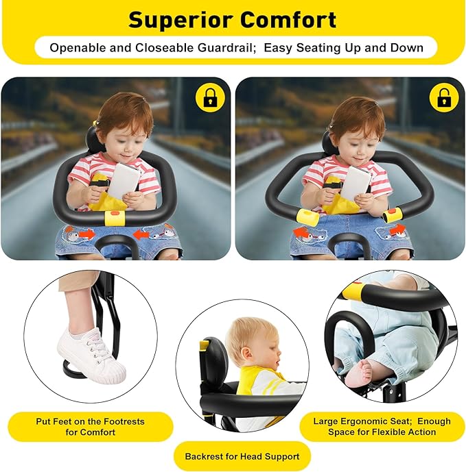 Gdrasuya10 Portable Bicycle Front Mounted Baby Seat Lightweight Child Bicycle Safety Seat Padded Saddle Kids Saddle Carrier Seat Cushion with Foot Pedal