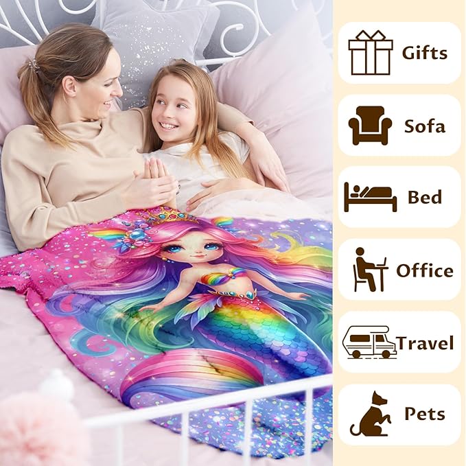 Mermaid Gifts for Kids Girls Blankets Gifts for Mermaid Lovers 6-8, 50x40 Inches Soft Cozy Warm Pink Glitter Animals Stuff Throws for Sofa Chairs Trip