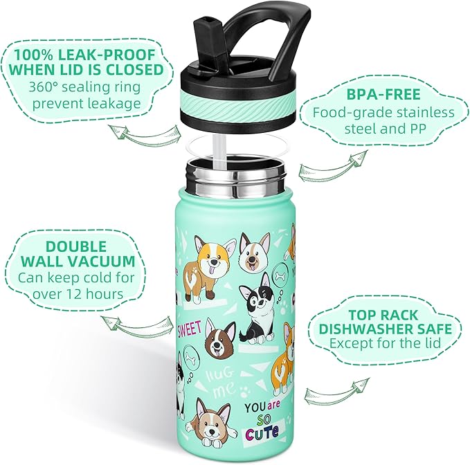 Fanhaw 18 Oz Kids Insulated Water Bottle with Straw - Stainless Steel Double Wall Vacuum Cup, Leakproof, BPA Free, Suitable for Boys and Girls(Green - Dogs)