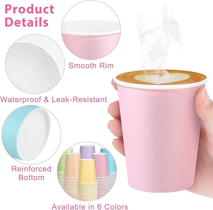 72 Pieces Pastel Rainbow Paper Cups 9 Oz Disposable Coffee Paper Cups Multicolor Party Cup Beverage Drinking Cup for Wedding, Birthday, Holiday Party, DIY, and Picnic