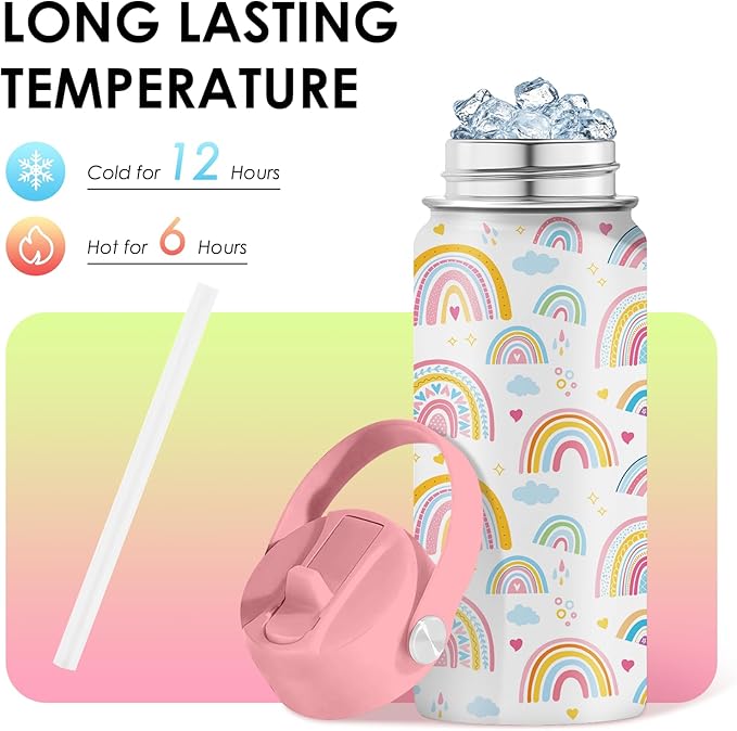 16oz Rainbow Tumbler Cup with Handle and Straw - Pink Stainless Steel Water Bottle for Women Men - Insulated Double Wall Travel Mug, Sweatproof, Non-Slip Base - Birthday Gift Ideas
