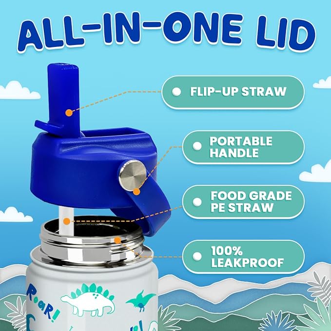 SANDJEST Dinosaur 12 oz Insulated Stainless Steel Water Bottle with Straw Lid - Thermos for Kids & Teens - School, Sports, Travel Cup