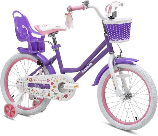 ACEGER Girls Bike with Basket for Ages 2-12 Years Old Kids, 12 14 16 18 Inch with Training Wheels，Princess Style with Streamers, Handbrake & Coaster Brake,Multiple Colors.