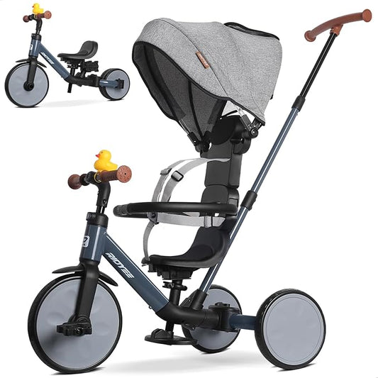 8-in-1 Tricycle for 1.5-5 Years, Tool-Free Switch, Toddler Tricycle with Parent Steering Control Handle for 1.5 to 5 Yrs, Toddler Trike 1.5-3 Years with 5-Point Harness and Large Canopy, Grey