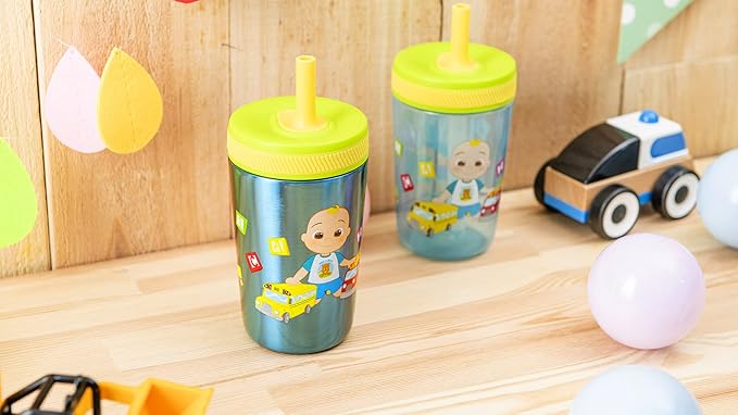 Zak Designs CoComelon Kelso Tumbler Set, Leak-Proof Screw-On Lid with Straw, Bundle for Kids Includes Plastic and Stainless Steel Cups with Bonus Sipper (3pc Set, Non-BPA)