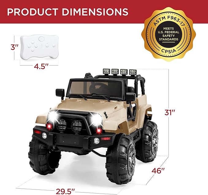 Best Choice Products Kids 12V Ride On Truck, Battery Powered Toy Car w/Spring Suspension, Remote Control, 3 Speeds, LED Lights, Bluetooth - Sand