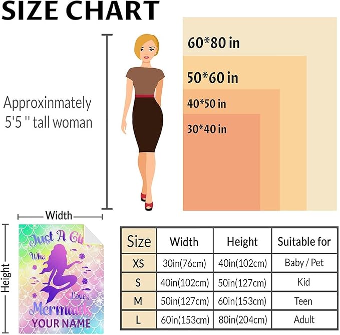 Personalized Mermaid Blanket with Name - Soft, Fuzzy & Warm - 50"x60" Throw Size Blanket for Bed, Couch, Sofa - Colorful Cute Throw Gifts for Girls