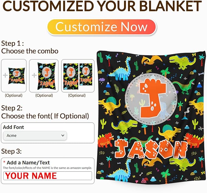 Dinosaur Boys Blankets, Personalized Initial Monogram Blanket for Kids Toddlers, Cute Throws Blanket Gift, Soft Cozy Flannel Throw for Sofa Bed Couch Decor