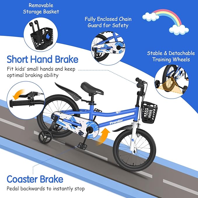 COSTWAY Kids Bike, 12 14 16 18 Inch Toddler Bike for Boys & Girls Aged 3-8 Years Old, Kids Bicycle w/Removable Training Wheels, Handbrake & Coaster Brake, Basket, Bell