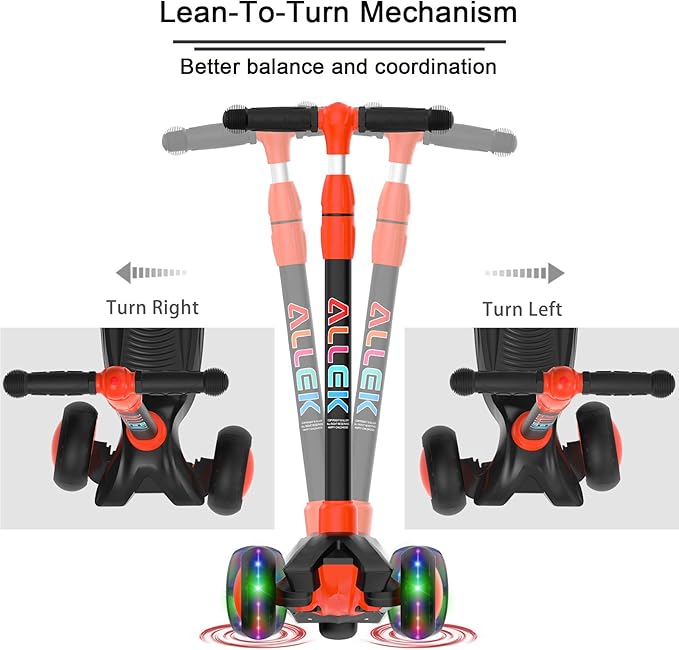Allek Kick Scooter B03, Lean 'N Glide 3-Wheeled Push Scooter with Extra Wide PU Light-Up Wheels, Any Height Adjustable Handlebar and Strong Thick Deck for Children from 3-12yrs (Black-Red)
