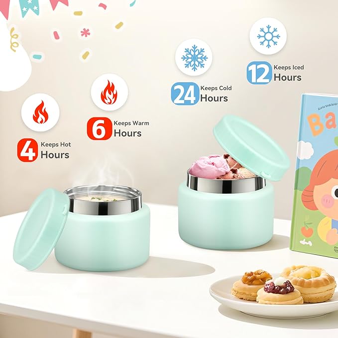 Kids Lunch Box Set -12oz Insulated Food Jar, Thermal Bag,Leakproof Lunch Food Containers Cutlery (BPA Free)-Gift for Girls/Boys Age 3-10(Green+Green Jar)