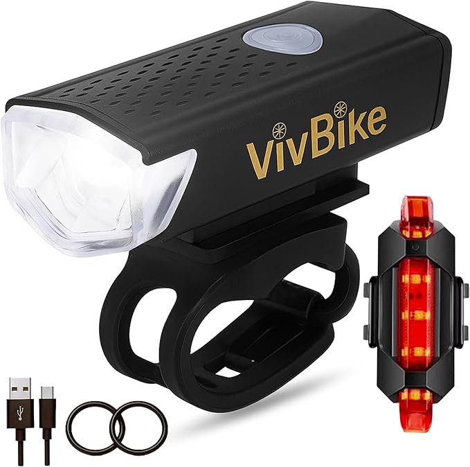 VivBike Rechargeable Bicycle Lights Set for Daily Use, LED Front Light and Rear Light, USB-C, IPX4 Waterproof, Easy Mount | A HerTime2 Brand