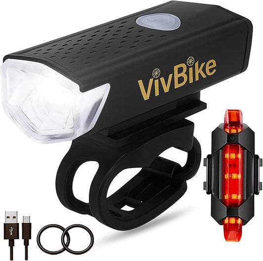 VivBike Rechargeable Bicycle Lights Set for Daily Use, LED Front Light and Rear Light, USB-C, IPX4 Waterproof, Easy Mount | A HerTime2 Brand