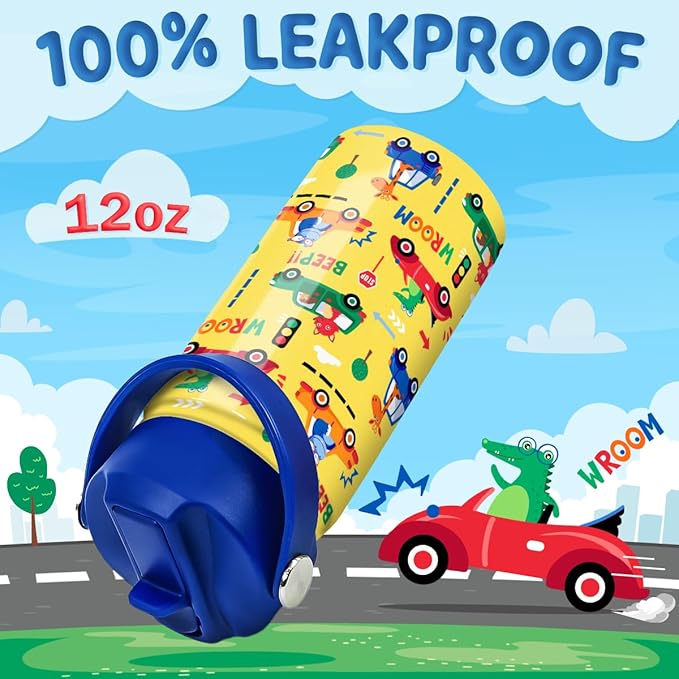 Kids Water Bottle with Straw Lid - 12 Oz Insulated Stainless Steel Vehicle Cars Water Bottles for Kid Boys - Travel Cup for School Sports