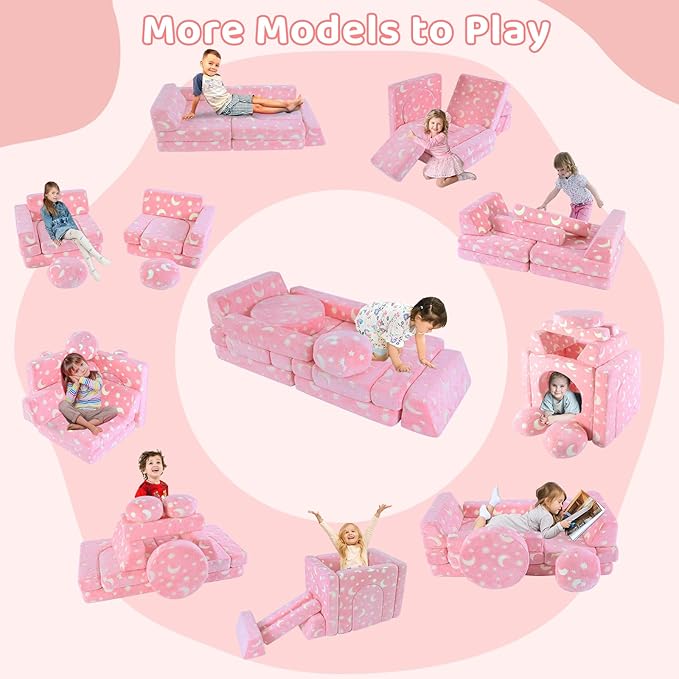 13 PCS Kids Play Couch, Modular Glowing Kids Toddler Couches, Kid Play Couch Sofa for Playroom and Bedroom (Pink)