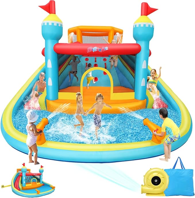 AKEYDIY Bounce House Water Slide, Inflatable Water Slide Park with with Long Slide, Pool, Climbing Wall, Water Gun for Outdoor, Blow up Water Slides Bounce House Castle for Kids Backyard Party Gifts