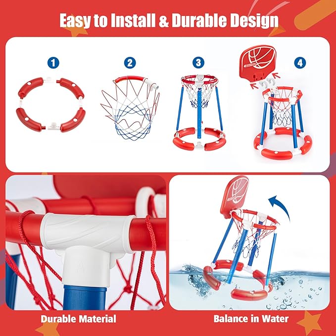 Pool Basketball Hoop with Backboard, Floating Pool Toy for Kids, Inflatbale Pool Basketball Outdoor Toys with 4 Balls & Pump for Swimming Pool, Water Summer Game for Kids Adults, Red