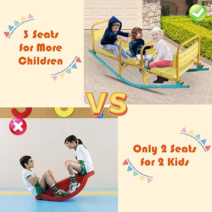 360 Degree Rotation Seesaw Swivel Teeter-Totter, 2/3/4 Seats Sit and Spin Outdoor Playground Equipment for Kids, Toddlers, Boys, Children (Yellow-3 Seats)