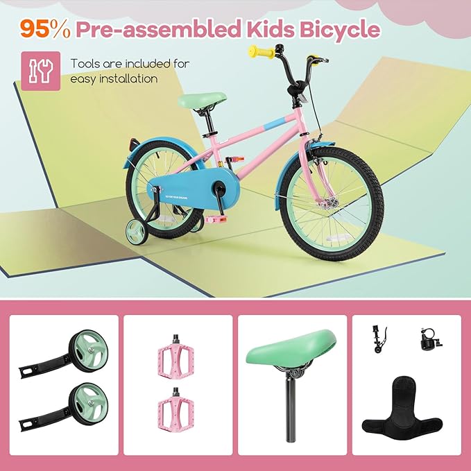 BABY JOY Colorful Macarons Kids Bike, 12 14 16 18 Inch Sporty Children's Bicycle with Training Wheels, Adjustable Handlebar & Saddle, Handbrake & Coaster Brake, Boys Girls Bike for 3-8 Years Old
