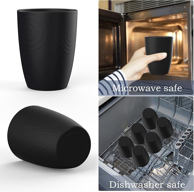 Wheat Straw Cups 6 PCS Good Alternative to Plastic Reusable Cups 12 oz Unbreakable Drinking Cup Reusable Dishwasher Safe Water Plastic Glasses Black