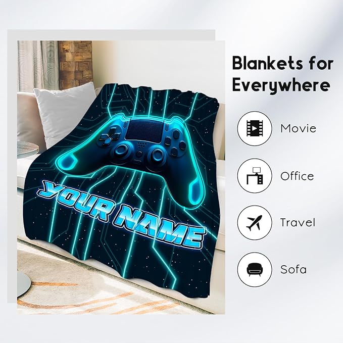 Custom Blankets for Boys - Cool Gamer Blanket Gifts - 4 Sizes Cozy Soft Flannel Gaming Throw for Couch, Office