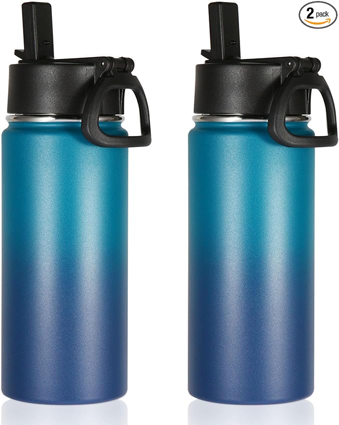 Volhoply 16 OZ Kids Water Bottle Bulk 2 Pack,Insulated Sports Bottles with Straw Lid,Stainless Steel Bottle with Handle Keep Cold & Hot,Double Wall Vacuum Tumbler Cups for School(Dark Night, 2)