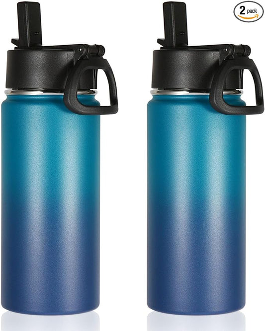 Volhoply 16 OZ Kids Water Bottle Bulk 2 Pack,Insulated Sports Bottles with Straw Lid,Stainless Steel Bottle with Handle Keep Cold & Hot,Double Wall Vacuum Tumbler Cups for School(Dark Night, 2)