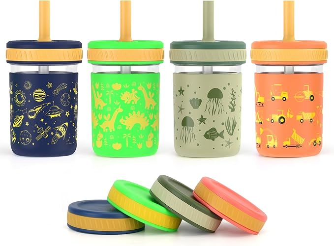 Sursip Toddler Glass Cups with Straw, Spill-Proof Kids Mason Jar Food Storage with Lids, Sippy Cups for Drinks, Smoothies, Snacks, Milk Cup [4 Pack] 8 oz 2-in-1