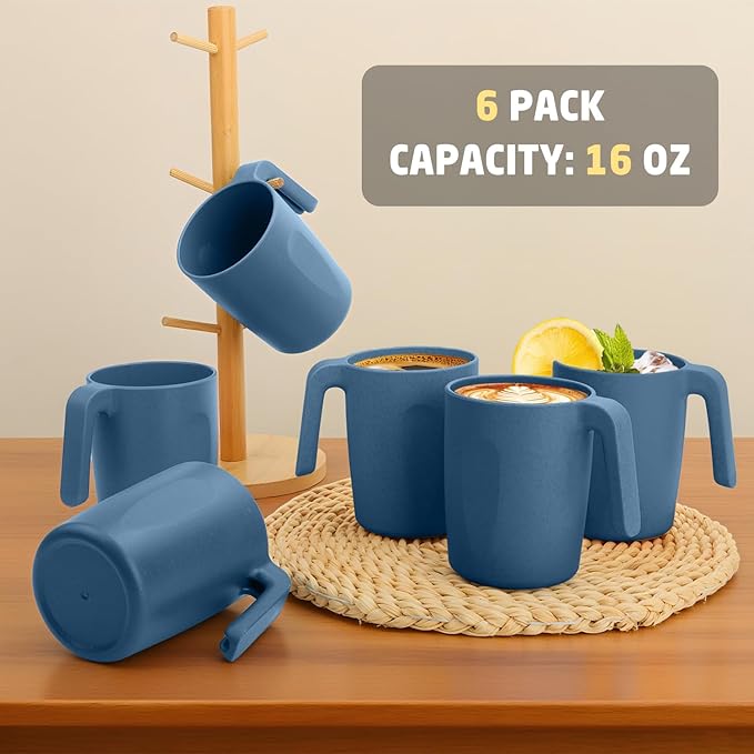 Wheat Straw Coffee Mugs 16 oz, Drinking Cups Set of 6, Plastic Mugs With Handle Unbreakable Coffee Cups, Microwave and Dishwasher Safe Tea Cups for Kitchen, Camping, RV - Blue