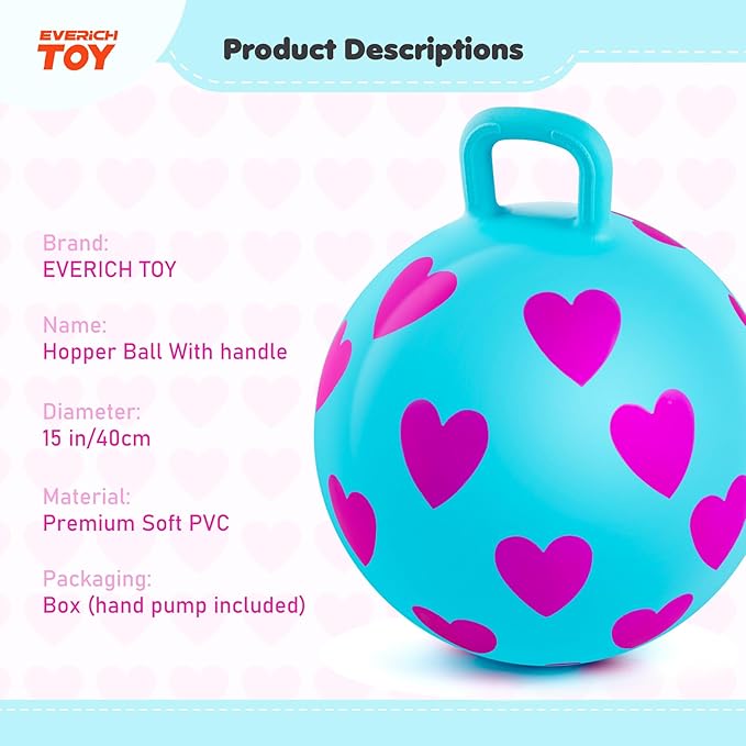 EVERICH TOY Hopper Ball for Kids 3-6, 15In Hippity Hop Ball Toy, Sit On Bouncy Balls with Handle, Indoor Outdoor Inflatable Hopping Toy for Girls Boys Gift with Pump