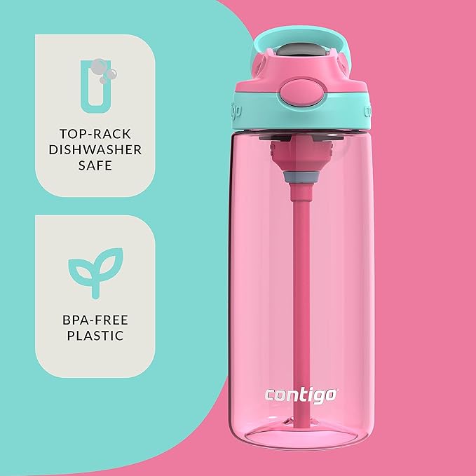 Contigo Aubrey Kids BPA-Free Water Bottle with Silicone Straw Spill-Proof Lid Dishwasher Safe 20oz 2-Pack Suitable for 3+ Years Azalea/Jade & Blue Raspberry/Azalea
