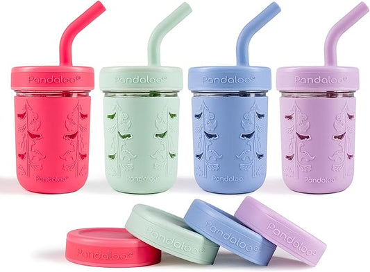 Pandaloo® Mason Jar Toddler Cup - 8 oz Spill-Proof Glass Tumbler with Silicone Straw and Lid, Non-Slip Sleeve, BPA-Free Toddler Snack Cups - Perfect Smoothie Cups with Lids and Straws for Kids