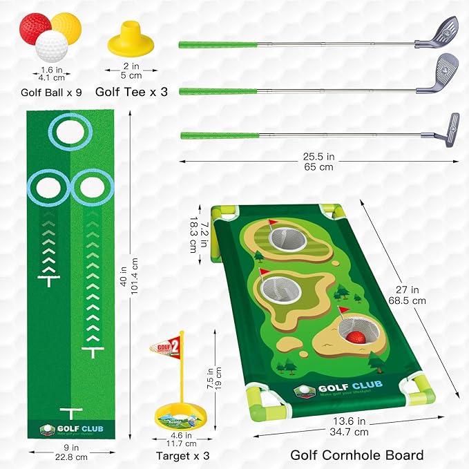 Liberry Kids Golf Club Set for 3 4 5 6 Years Old Boys Girls, Adjustable Toddler Golf Set with Putting Mat, Cornhole Board, Outdoor Indoor Sports Toy Christmas Birthday Gift
