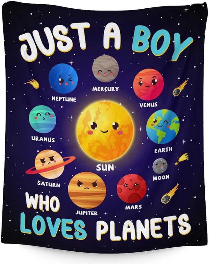 Planet Blanket Gifts - 60x50 Inches Cute Planets Throw Blanket for Kids, Boys & Men - Dark Blue Soft Fuzzy Blankets for Bed, Couch & Travel