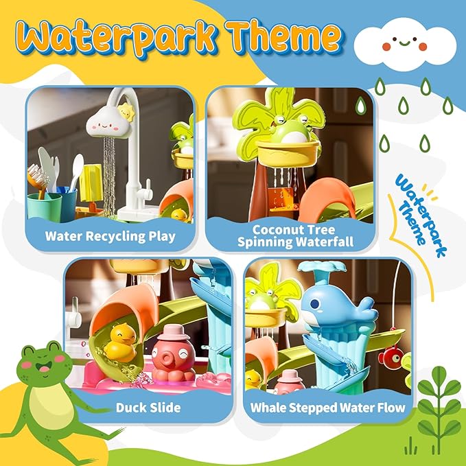 Play Sink with Running Water, 4-in-1 Kids Kitchen Sink Toys with Electric Faucet, Water Table Floating Pool Toy w/Fishing Game, Duck Slide, Pretend Play Dishwasher Set for Toddler Boys Girls (Pink)