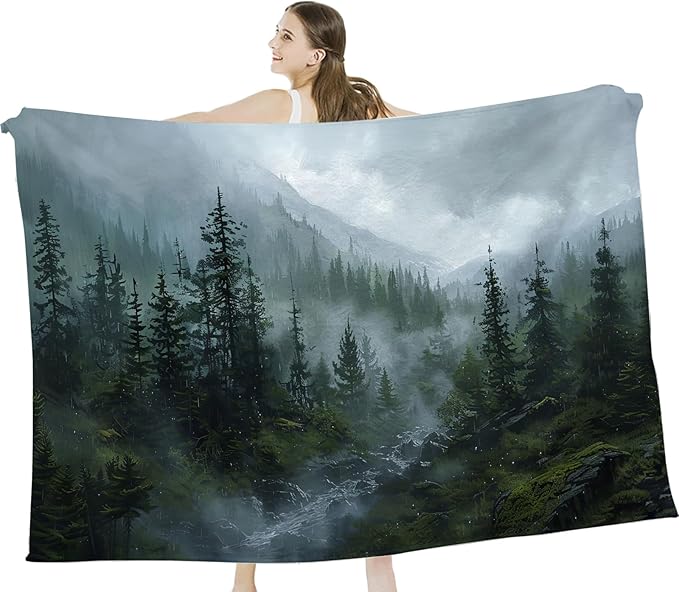Forest Blanket Misty Mountain Tree Throw Blanket Cozy Plush Fleece Flannel Green Nature Blankets Landscape Party Gifts for Girls Boys Women Men 80"X60"