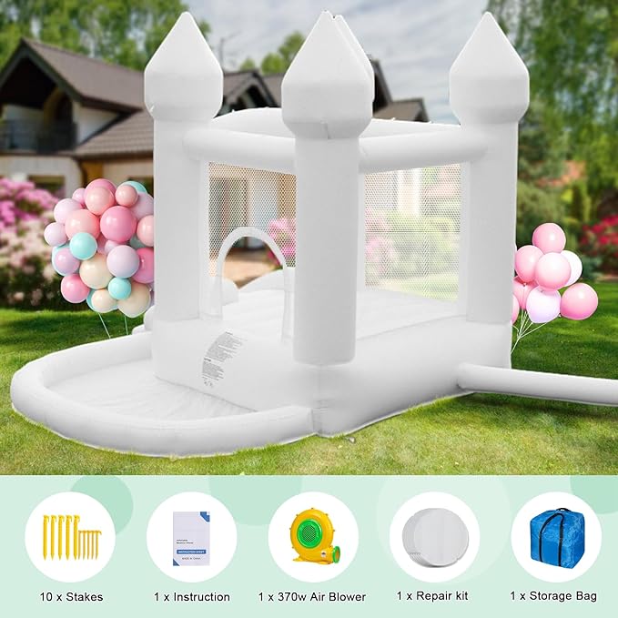 White Bounce House, Inflatable Bounce House with Ball Pit & Slide, Kids Indoor Bounce House Portable Fun House Outdoor Bounce House with Blower for Birthday Party, Wedding Decor